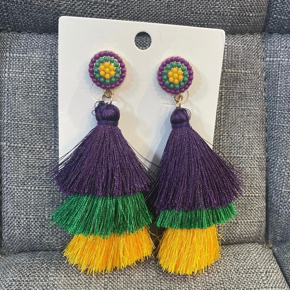 Mardi Gras Tassle Emblezzed Earrings - Picture 3 of 3